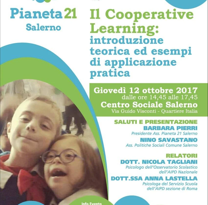 Locandina del convegno "Il Cooperative Learning", con la foto ravvicinata di due bambini abbracciati.