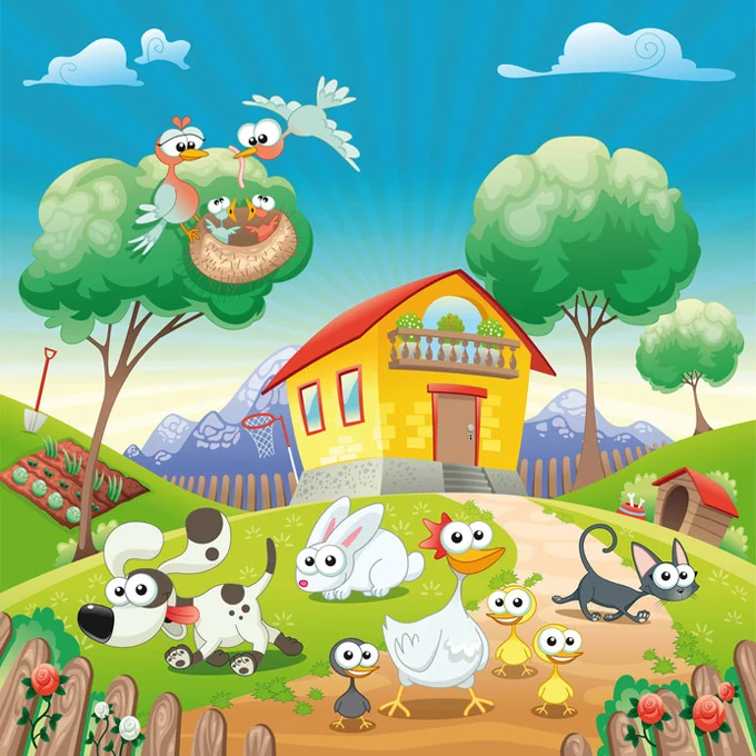 Illustrazione di una fattoria didattica con animali da cortile.