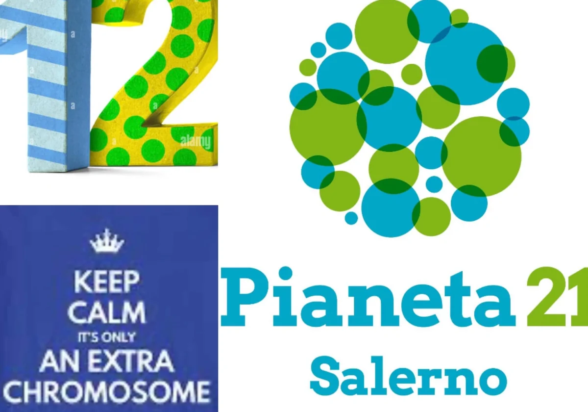 Collage con il numero 12, il logo di Pianeta 21 e la scritta "Keep calm, it's only an extra chromosome".