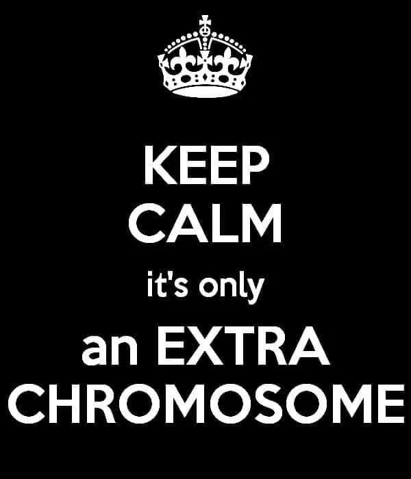Immagine con la scritta "Keep calm, it's only an extra chromosome" su sfondo nero.