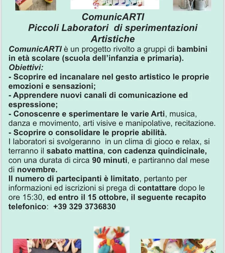 Locandina del progetto "ComunicARTI — Piccoli laboratori di sperimentazioni artistiche", con illustrazioni di strumenti musicali, un albero colorato e cuori decorativi.