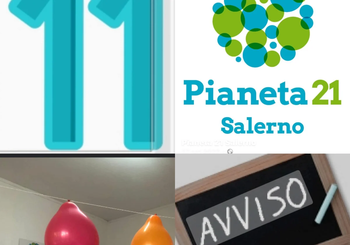 Collage con il numero 11, il logo di Pianeta 21, palloncini decorativi e una lavagnetta con la scritta "Avviso".