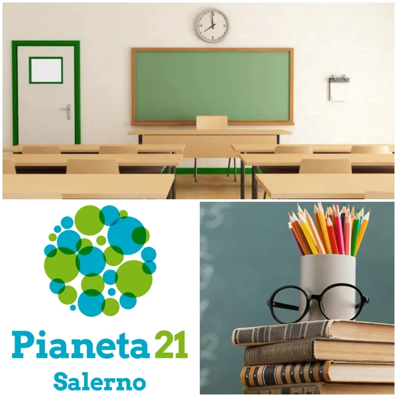 Collage con un'aula scolastica, una pila di libri con un paio di occhiali sopra, e il logo di Pianeta 21.