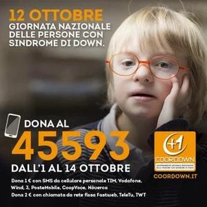 Immagine della campagna di raccolta fondi CoorDown per la Giornata Nazionale delle persone con sindrome di Down, con invito a donare tramite SMS solidale.
