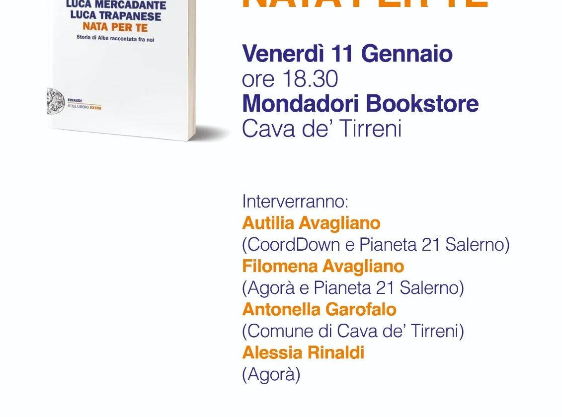 Locandina della presentazione del libro "Nata per te" di Luca Mercadante e Luca Trapanese.